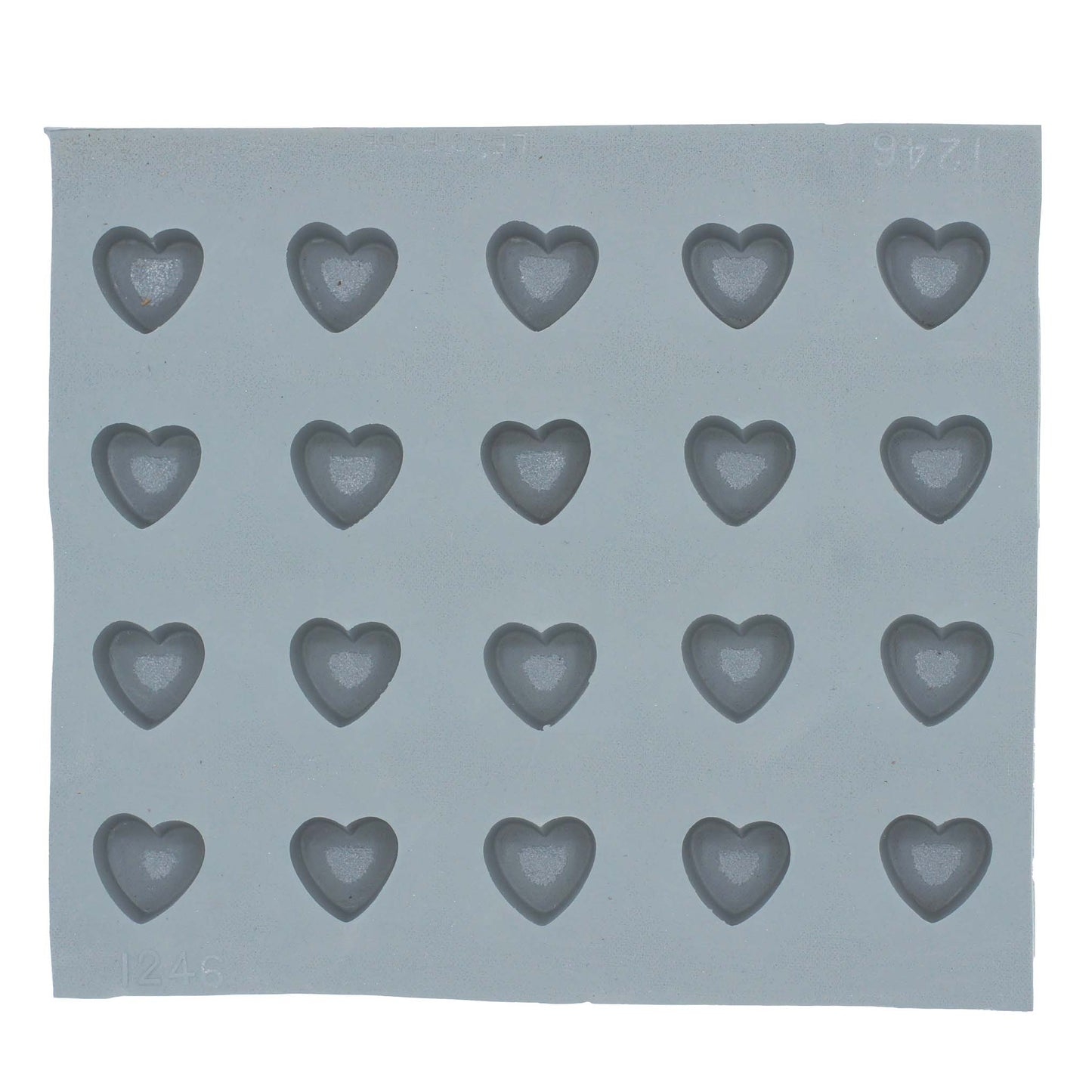 Full sheet of mini heart rubber mint mold featuring 20 cavities for crafting small heart-shaped treats for weddings, showers, and holidays.