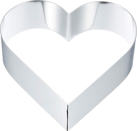 Heart-shaped baking ring made from heavy-gauge aluminum, shown with clean, sharp corners and smooth, straight sides for cake and dessert shaping