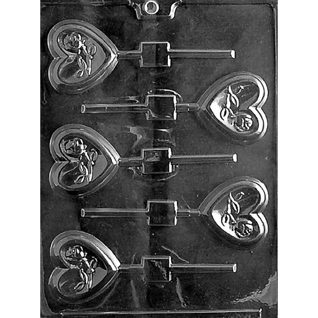 Clear Heart with Stemmed Rose Chocolate Lollipop Mold on a black background with 6 cavities shaped like hearts featuring a rose inside each design.