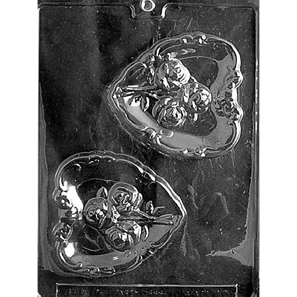 Heart with rose bouquet chocolate mold showing two large heart cavities with embossed roses.