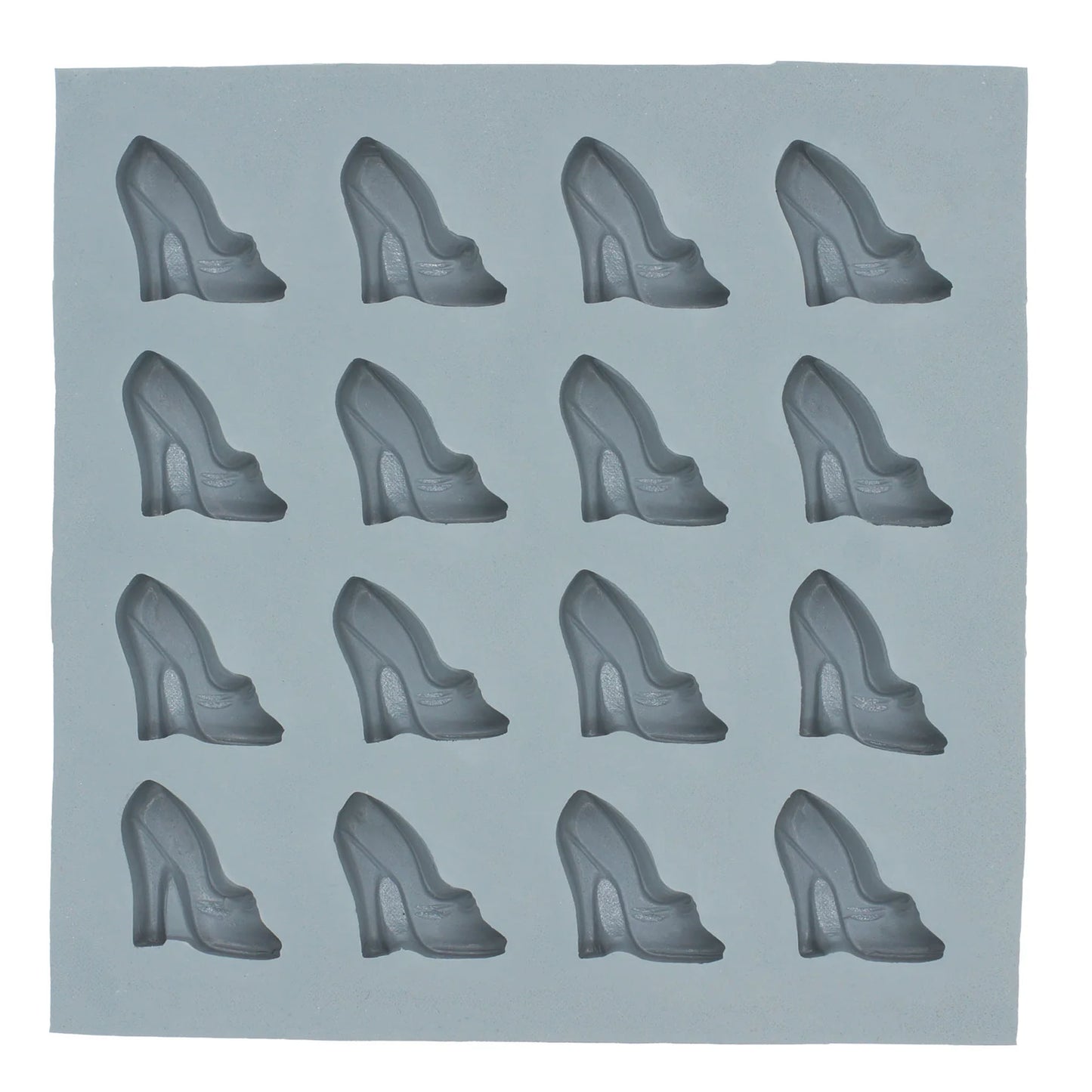 Full sheet gray natural rubber mint mold with 16 high heel shoe cavities arranged in four rows.