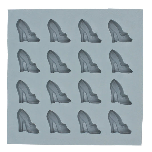 Full sheet gray natural rubber mint mold with 16 high heel shoe cavities arranged in four rows.
