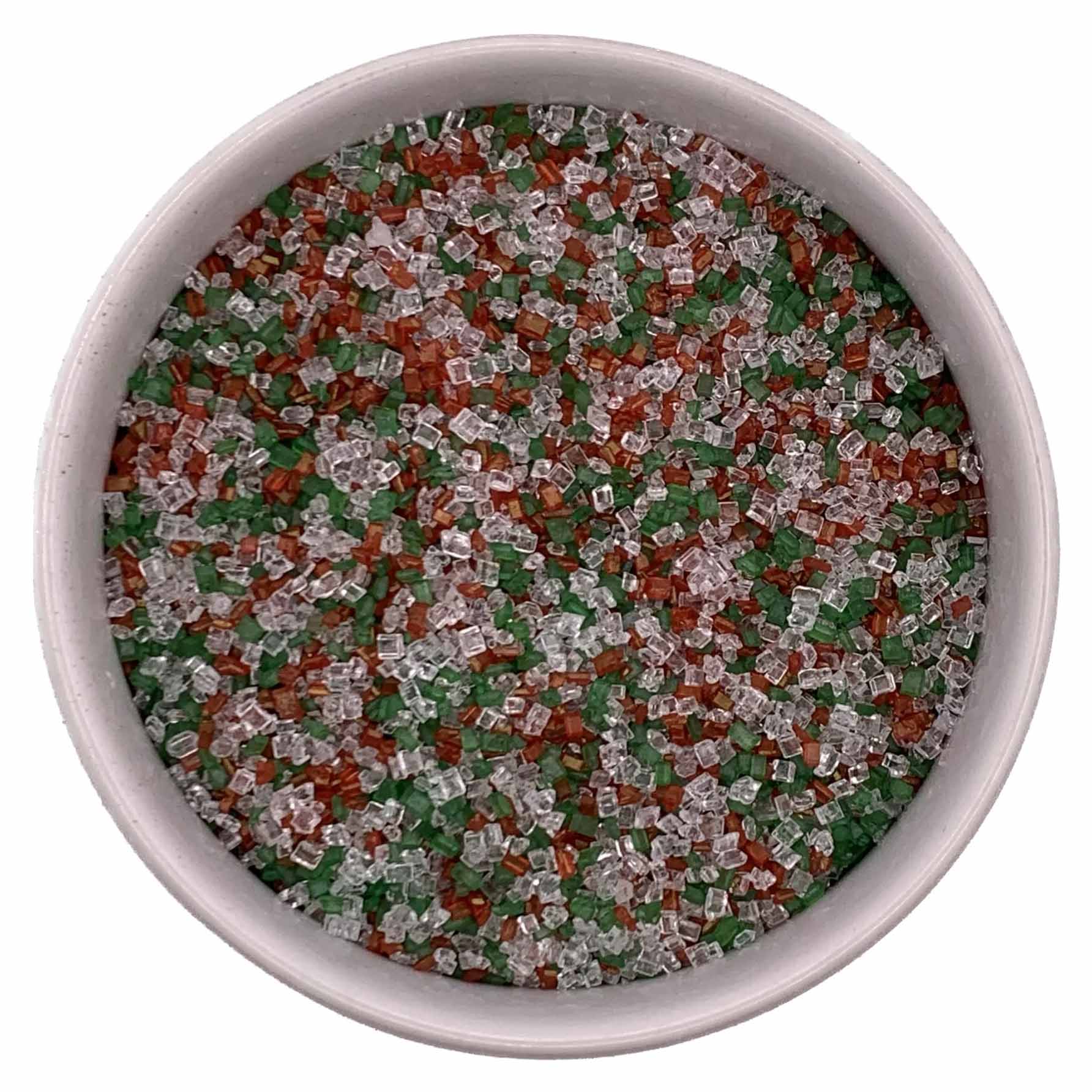 Top-down view of a bowl filled with coarse holiday sugar crystals in red, green, and sparkling white, ideal for decorating festive baked goods.