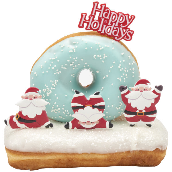 Blue and white frosted donuts with Santa ring toppers and a red “Happy Holidays” cupcake pick.