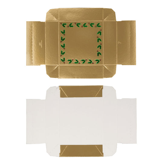 Unassembled gold box lid with holly-and-berries border shown flat above an unassembled white box base with gold corner panels on a white background.