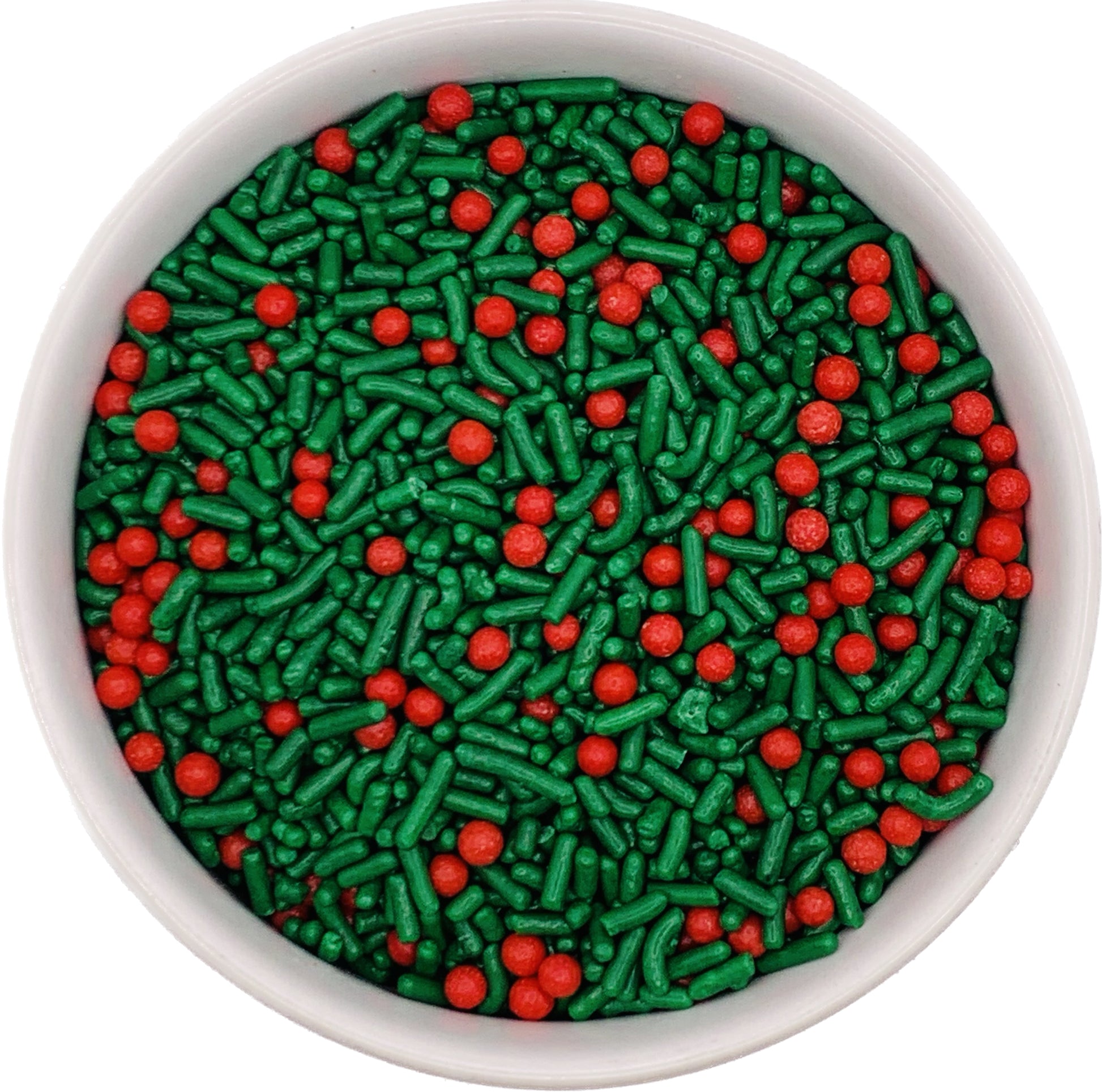 Green and red holiday sprinkle mix with jimmies and sugar pearls in a white bowl, perfect for decorating Christmas cookies and desserts.