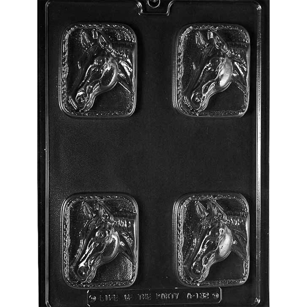 Clear plastic chocolate bar mold photographed on a black background with four rectangular cavities, each featuring a raised horse head profile inside a bordered frame.