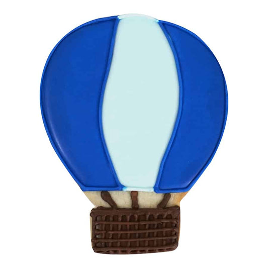 Decorated hot air balloon cookie with blue and white icing on the balloon and brown icing on the basket.