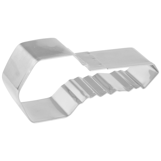 Side view of a sturdy key cookie cutter with a classic key head and jagged bottom.