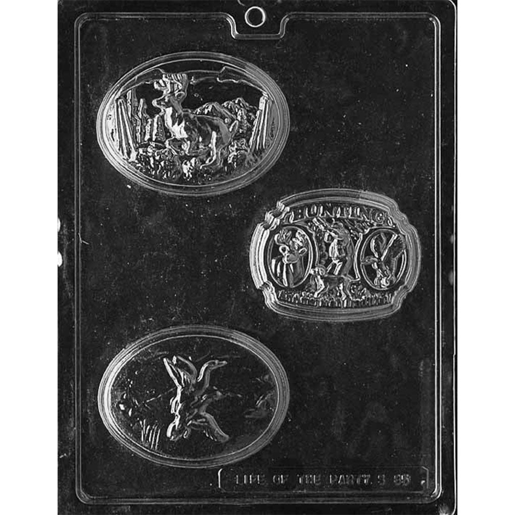 Clear plastic Hunting Scene Bars Chocolate Mold with three cavities featuring a buck in the woods, ducks in flight, and a hunter with dog, deer, and rabbit