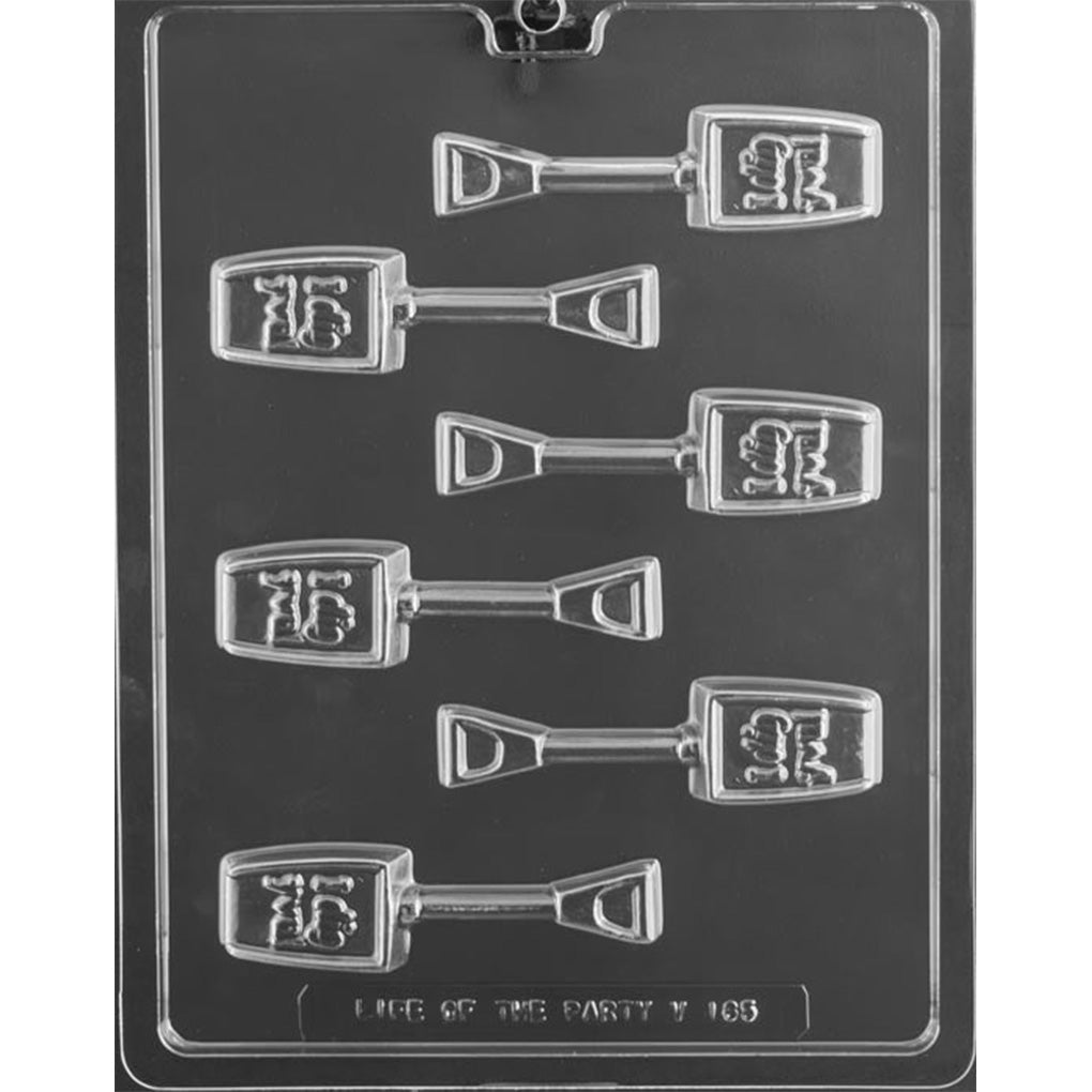 I Dig You shovel chocolate mold with six 4 1/2 x 1 1/8 x 3/8-inch shovel-shaped cavities featuring raised lettering