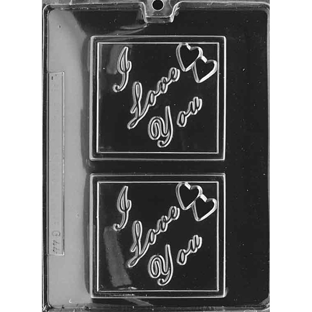 I Love You chocolate mold with two square bar cavities featuring raised script, paired hearts, and double-line borders