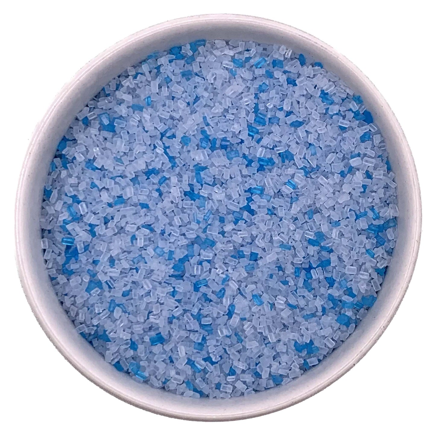 White bowl filled with coarse sugar crystals in a mix of pale icy blue and bright blue, with chunky rectangular sugar grains visible.