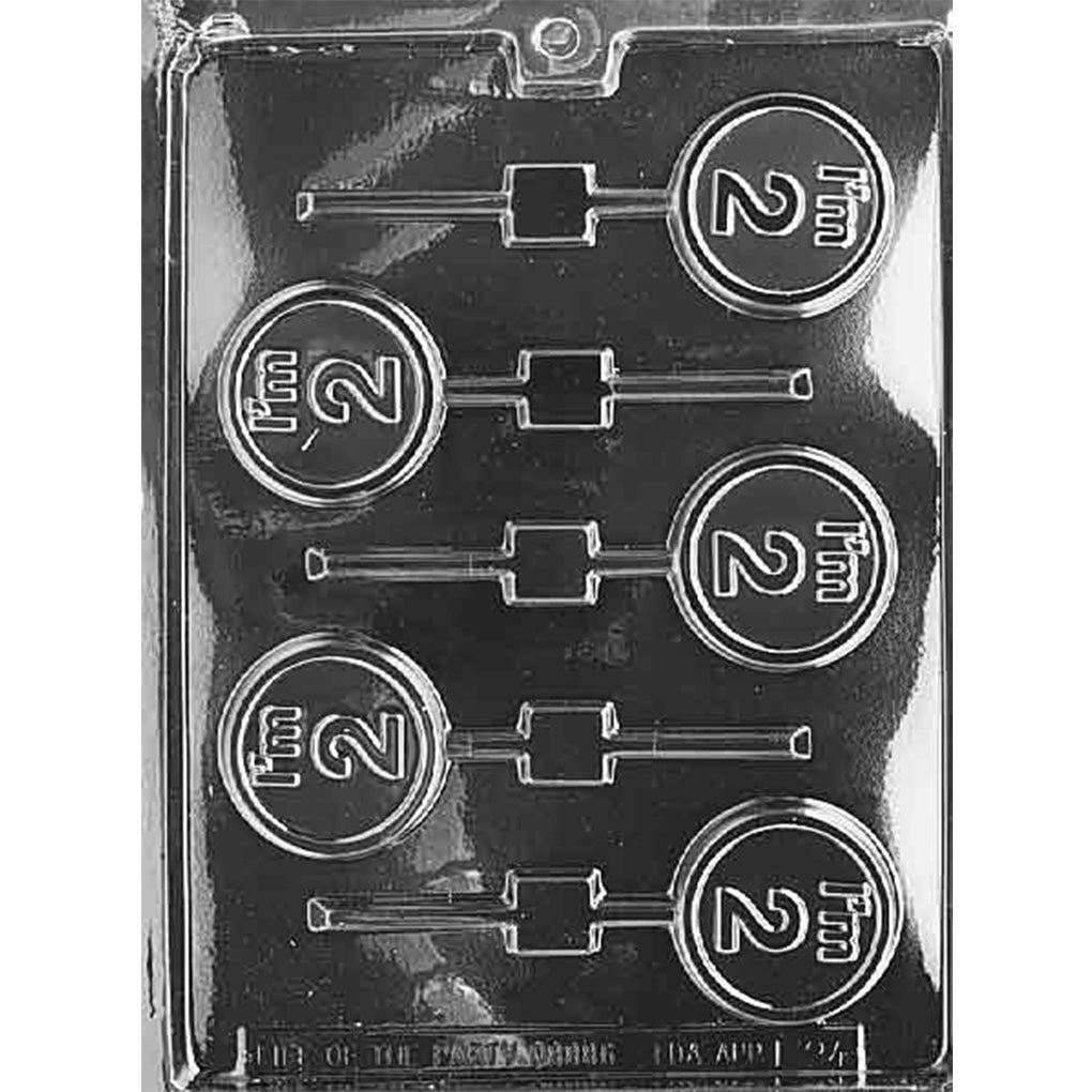 Five-cavity I’m 2 round chocolate lollipop mold with raised second birthday message, 2-inch circles, double-ring borders, and stick channels