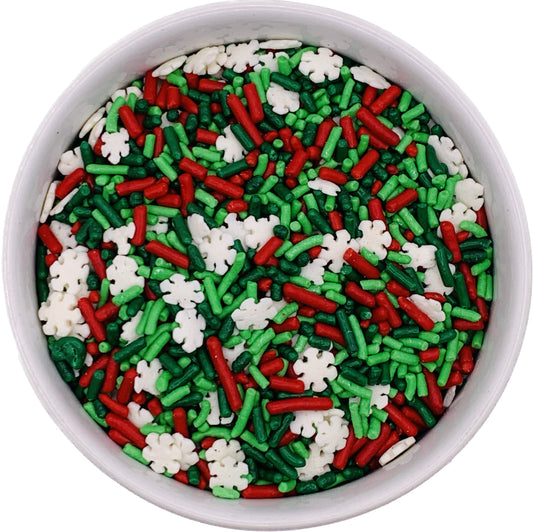 Red and Green Jimmies with White Snowflakes in a Bowl