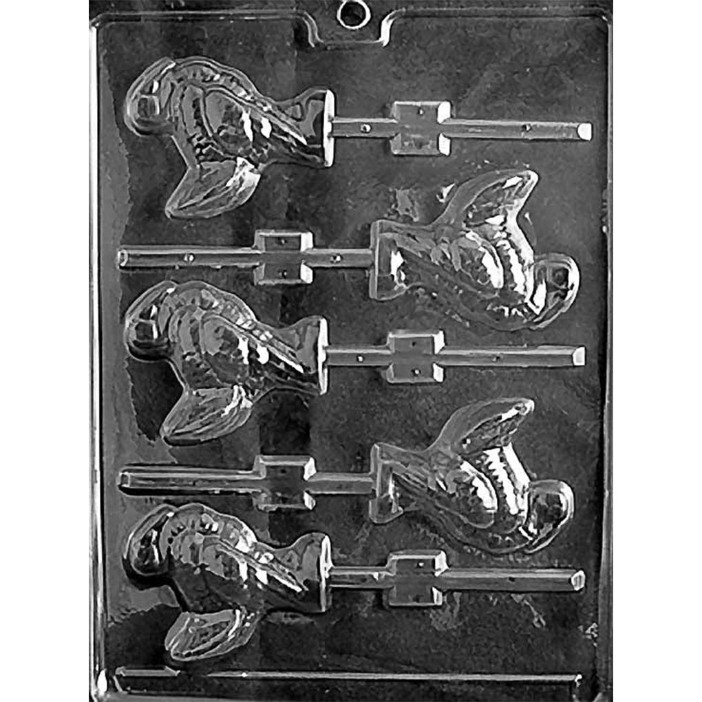 Plastic chocolate lollipop mold with six turkey-shaped cavities arranged in rows, each with feather detail and a built-in stick channel for making Thanksgiving chocolate pops.