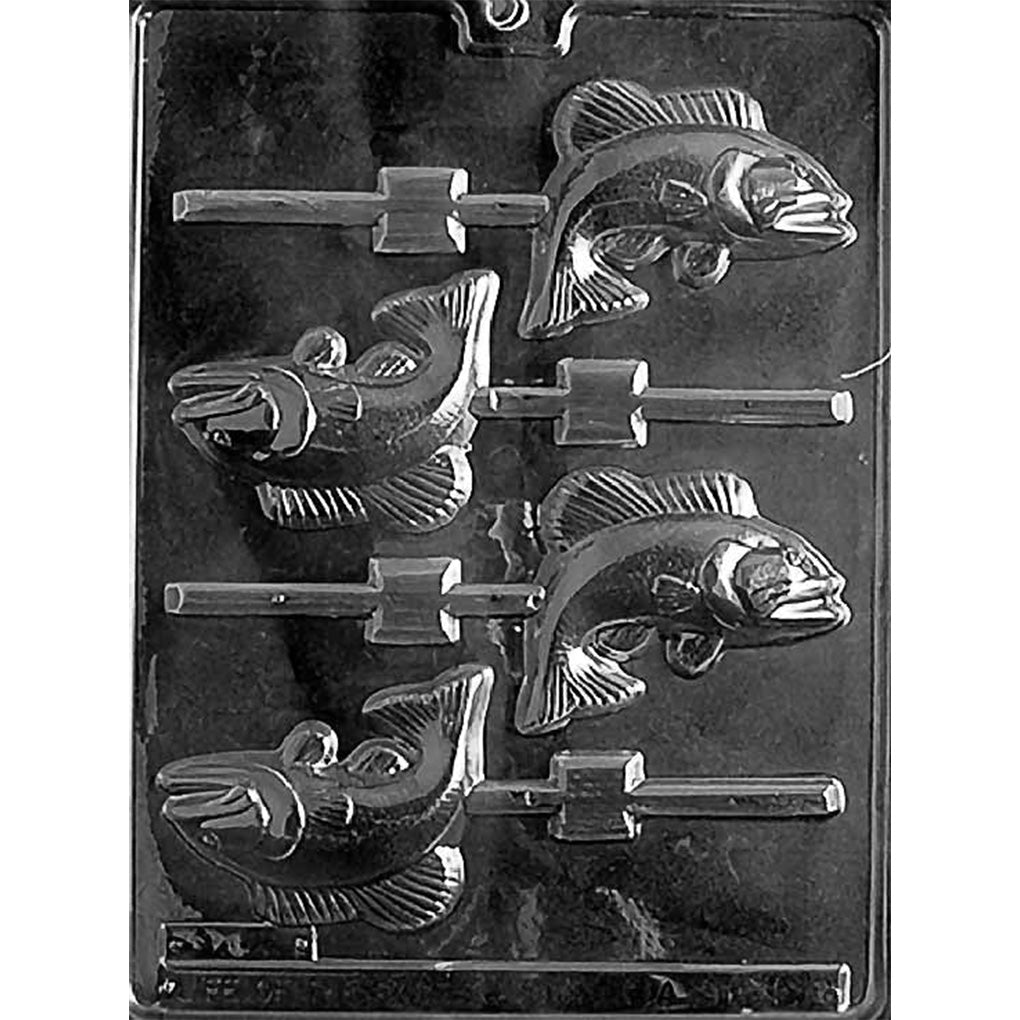 Clear plastic chocolate lollipop mold with four fish-shaped cavities and stick channels.
