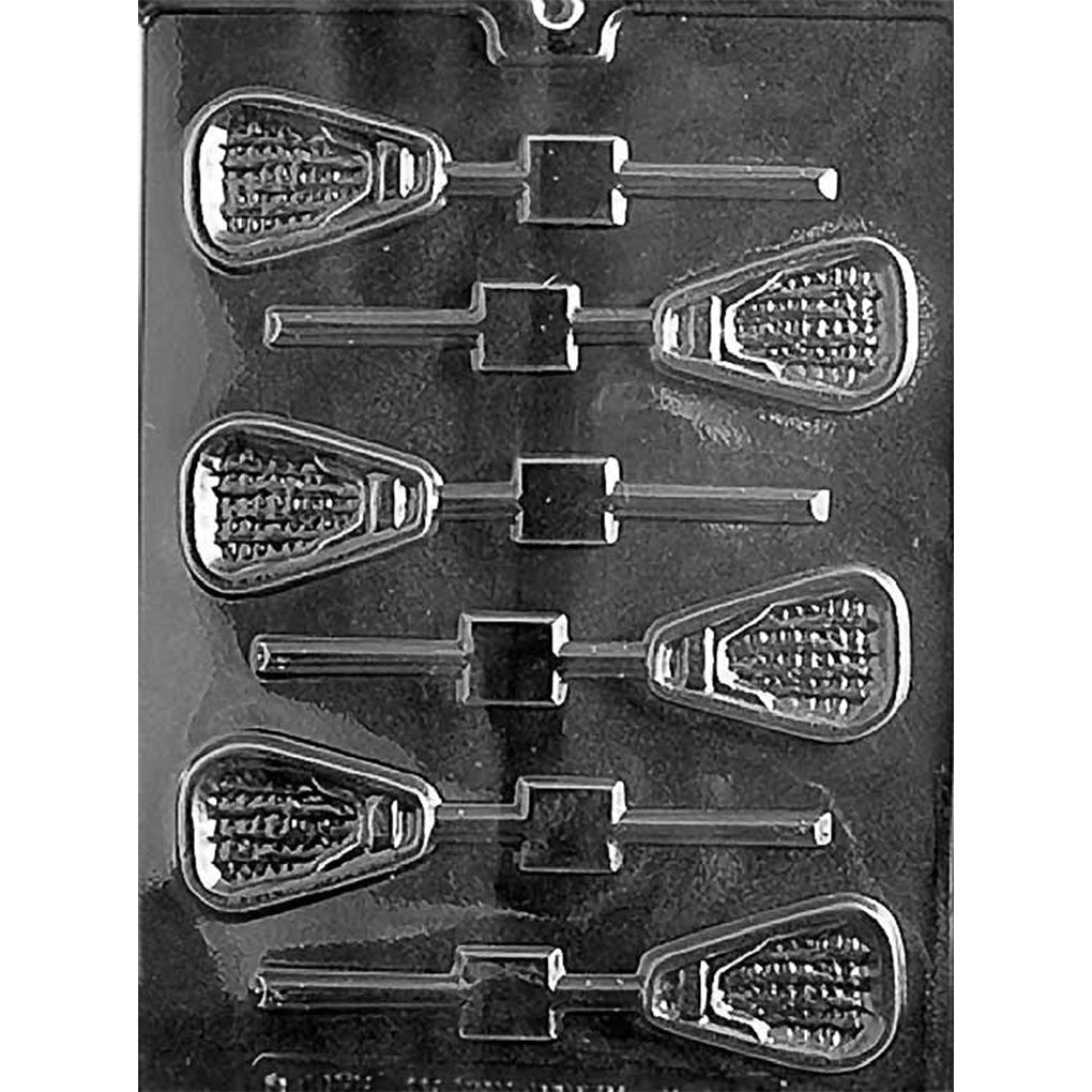 Chocolate lollipop mold with six lacrosse stick head cavities featuring woven pocket patterns and alternating horizontal stick channels.