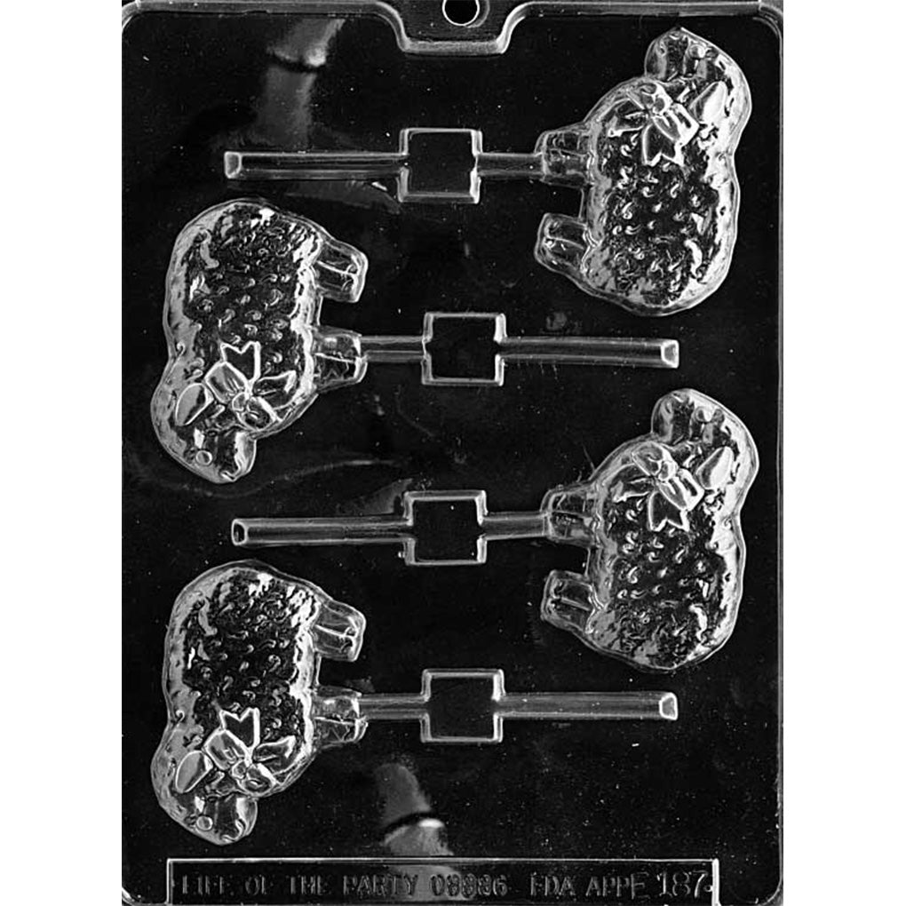 Four-cavity Lamb with Bow chocolate lollipop mold featuring standing lambs with curly fleece and neck bows, each measuring approximately 2 1/4 x 3 inches.