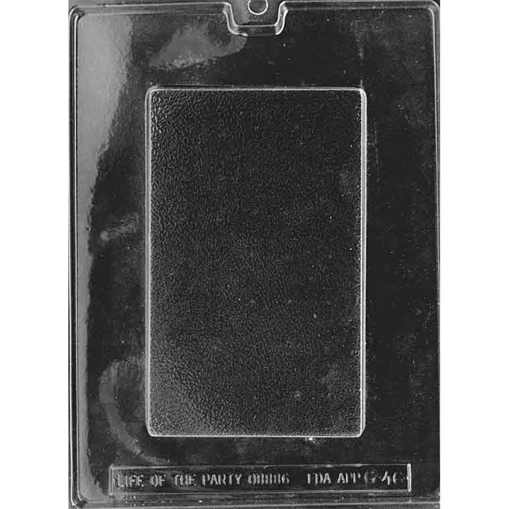 Clear chocolate mold with one large rectangular bar cavity featuring a broad, lightly textured surface and straight rounded corners.