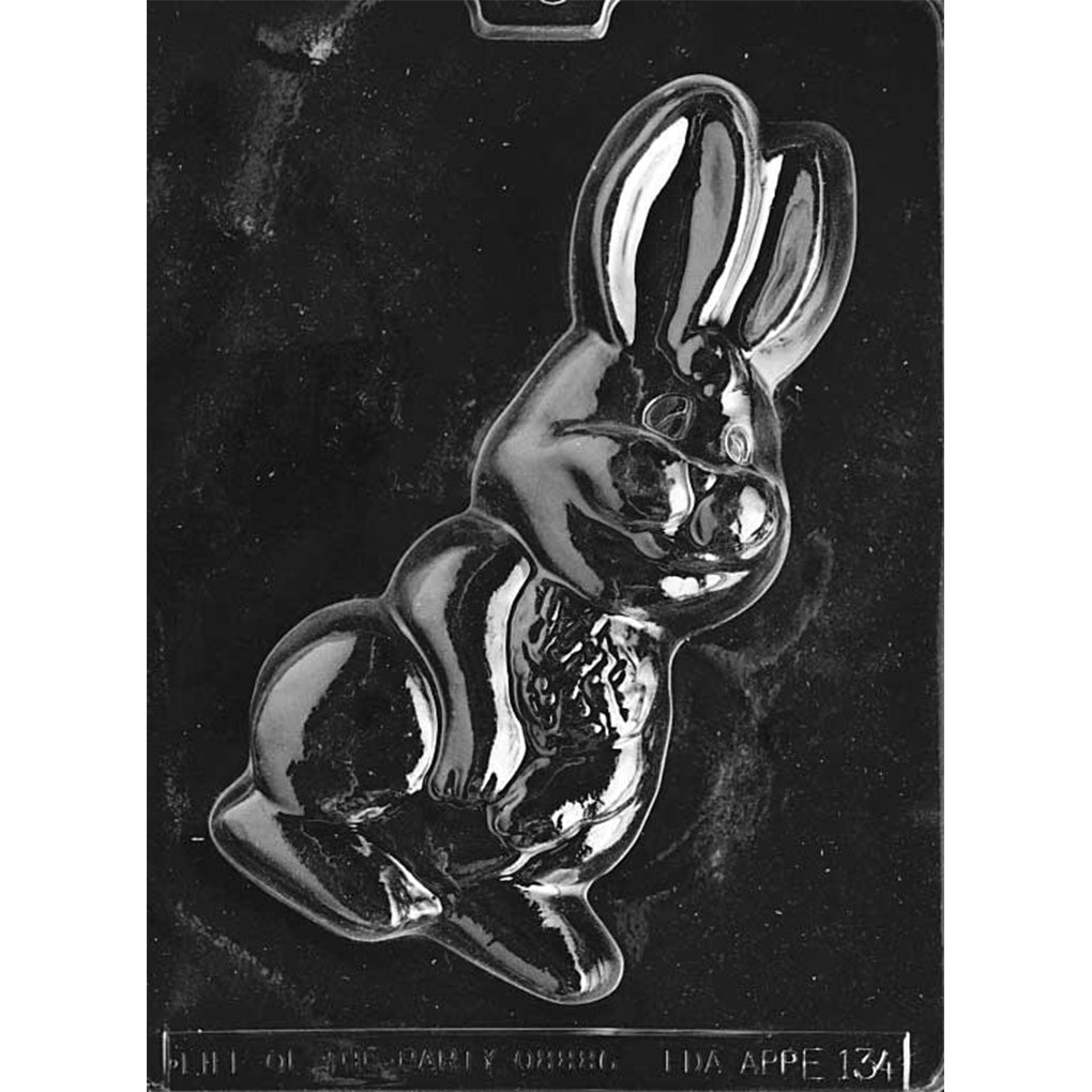 Large Easter bunny chocolate mold with one 8½" x 4" x 1½" cavity showing a seated rabbit with tall ears, buck teeth, paws, and a decorated egg