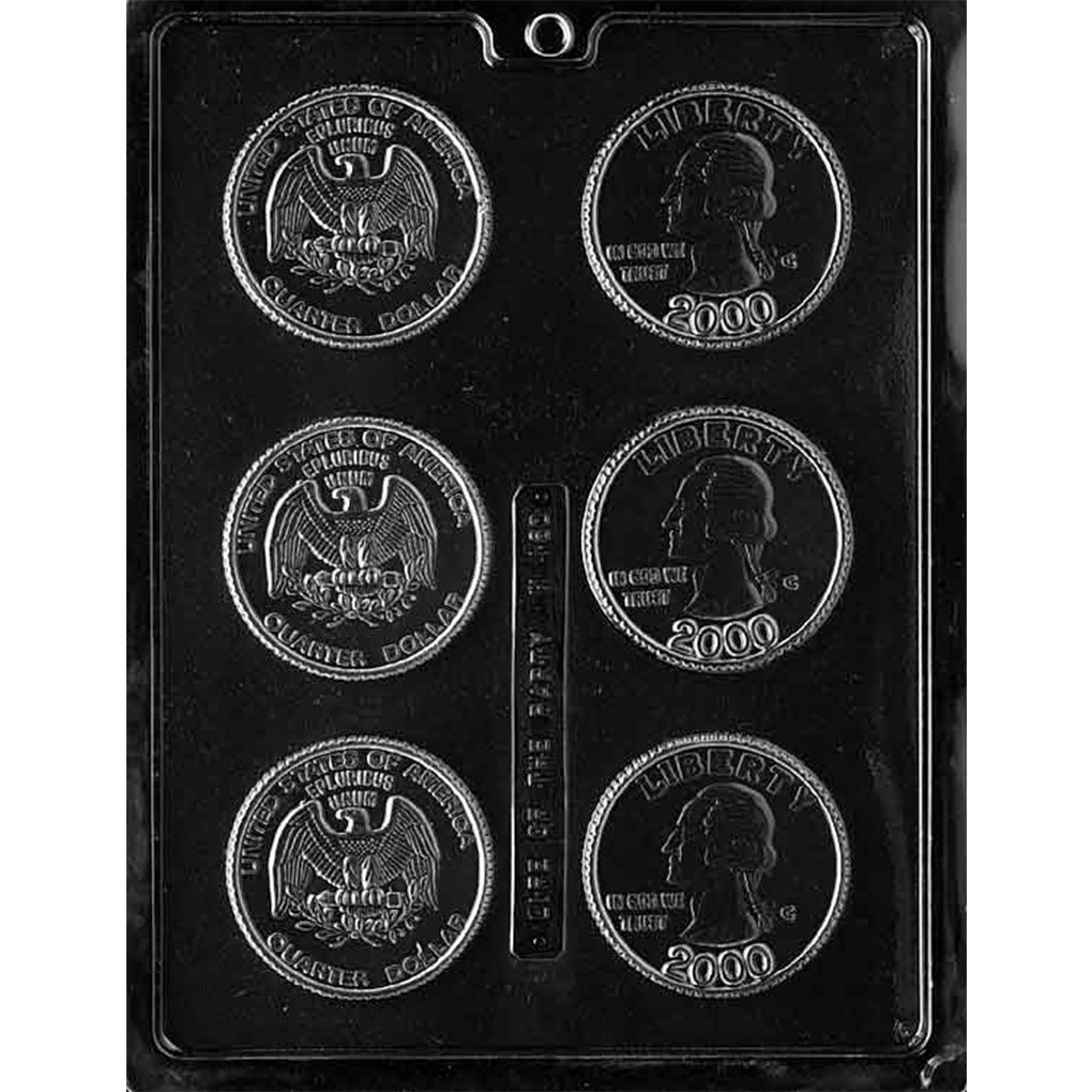 Clear Large Quarters Chocolate Mold photographed against a black background, featuring six round coin cavities with detailed George Washington and eagle designs.
