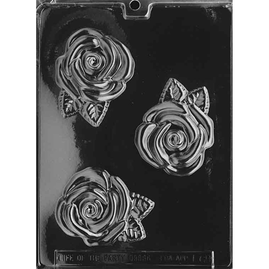 Clear Large Rose Chocolate Mold photographed against a black background with three large rose blossom cavities featuring layered petals and leaf details.