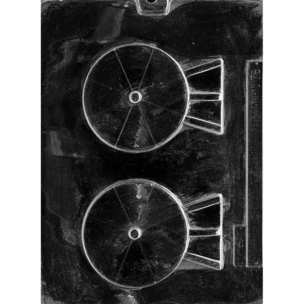 Two-cavity satellite dish chocolate mold with 4 3/8 x 3 x 1/2-inch dishes, raised reflector lines, center receivers, and support stands