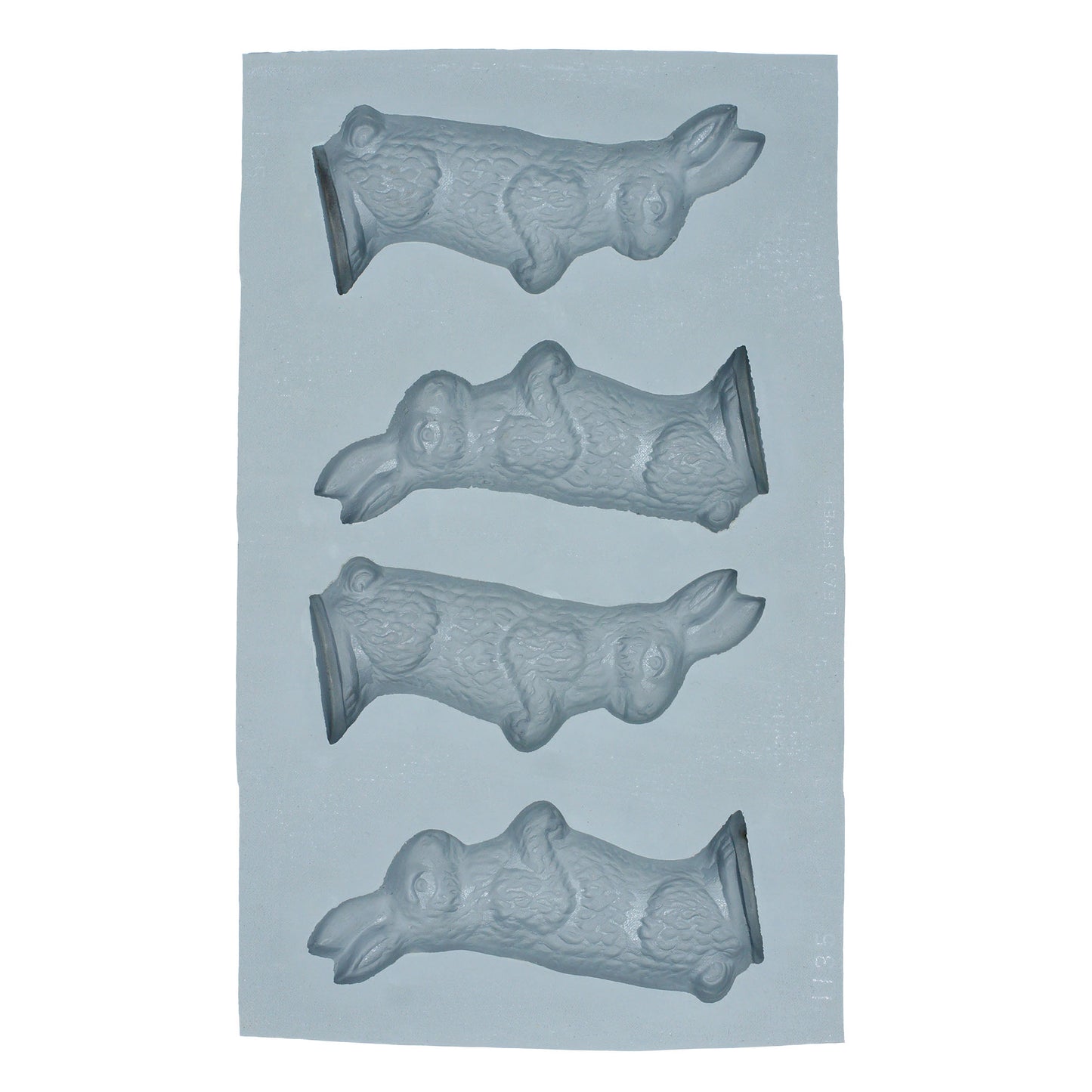 Full sheet of 4 large standing rabbit cavities in a natural rubber mold, used for creating vintage-inspired Easter or spring-themed treats.