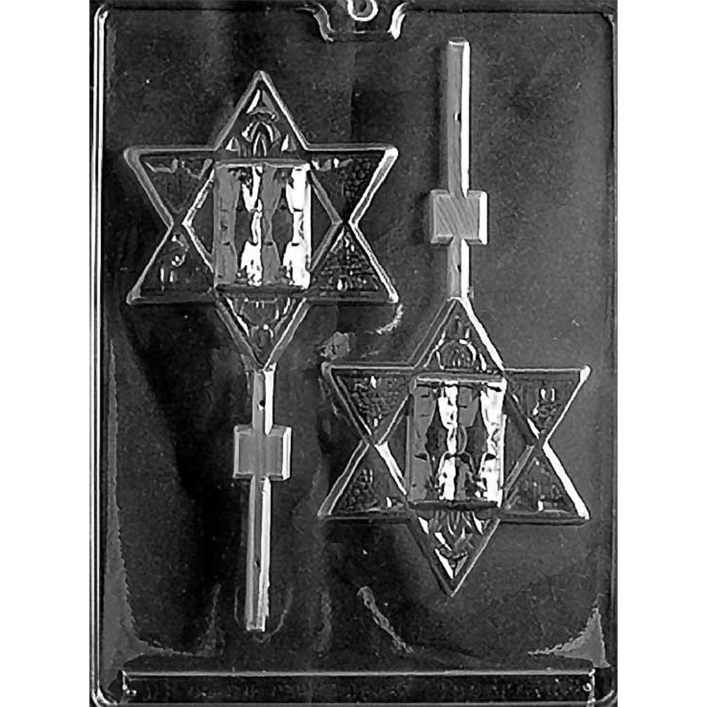 Two-cavity large Star of David chocolate lollipop mold with a Torah scroll centered inside each detailed star