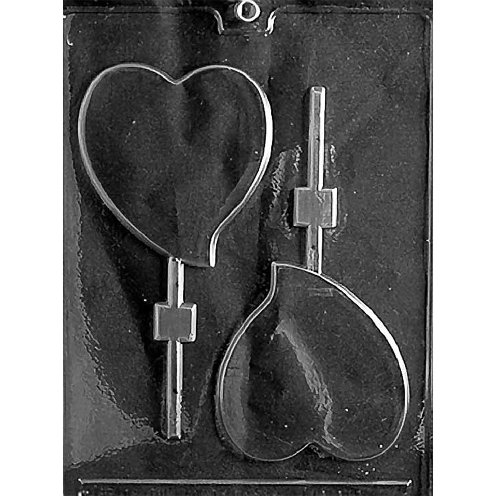 Clear Tear Drop Heart Chocolate Lollipop Mold photographed against a black background with two large heart-shaped cavities tapering into pointed teardrop tails and built-in stick channels.