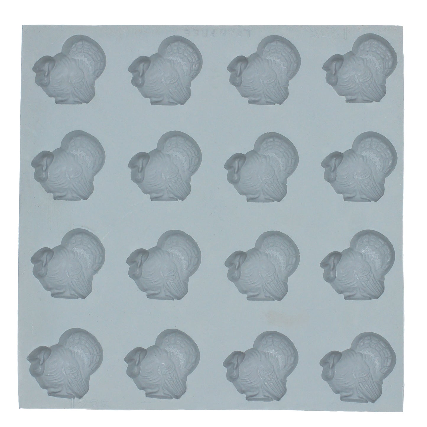 Top-down view of the full Medium Turkey Rubber Mint Mold sheet featuring 21 evenly spaced turkey-shaped cavities arranged in 3 columns and 7 rows, designed for holiday-themed treats