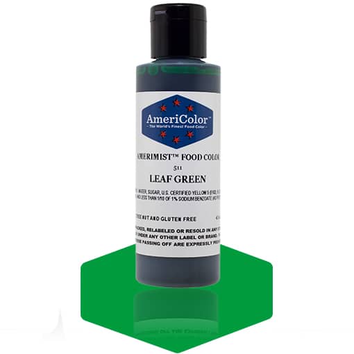 AmeriMist Leaf Green airbrush food color in a 4.5 oz bottle, shown with vibrant green swatch beneath for color reference.