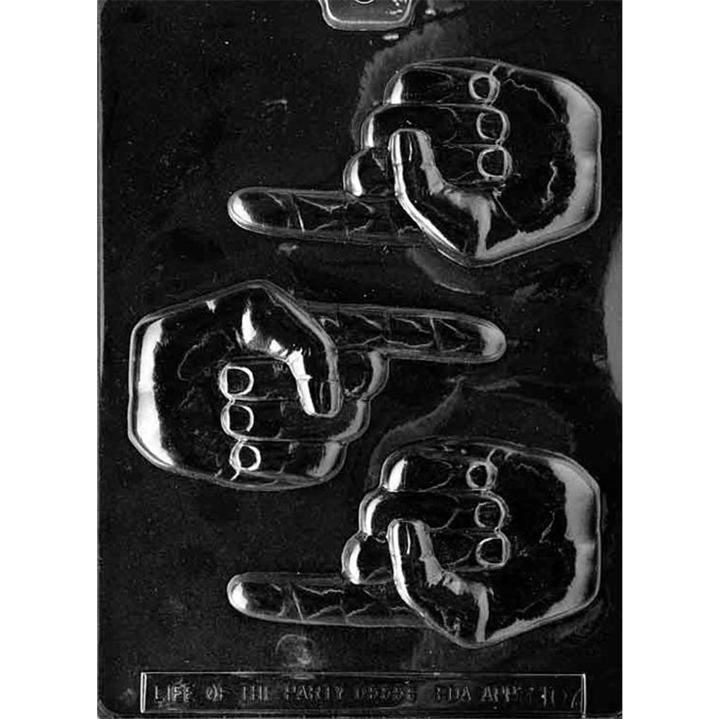 Clear Left Hand #1 Chocolate Mold photographed against a black background with 3 large left-hand cavities featuring an extended pointing index finger and raised hand details.