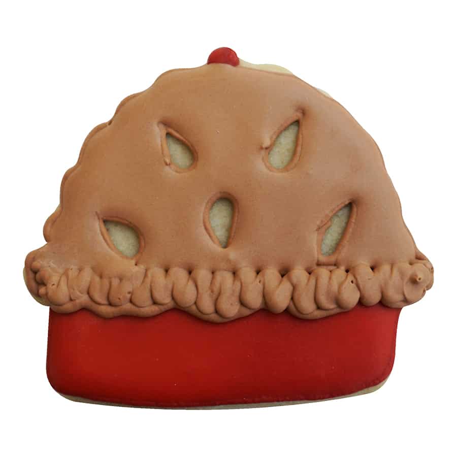 Pie-themed decorated cookie with brown icing crust and red pie dish design.