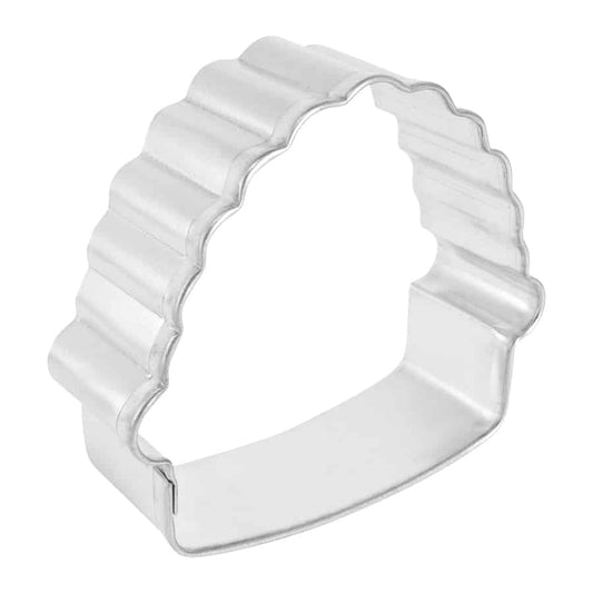 Side view of a metal cookie cutter shaped for a basket, leprechaun, or pie design.