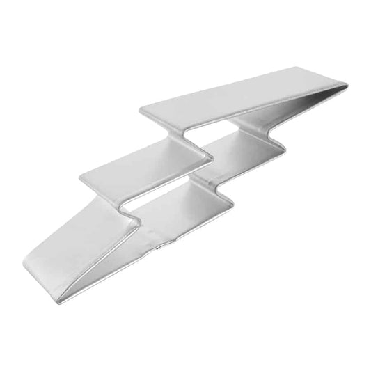 Side view of a sturdy lightning bolt-shaped cookie cutter, showing its durable tin construction and angular design.