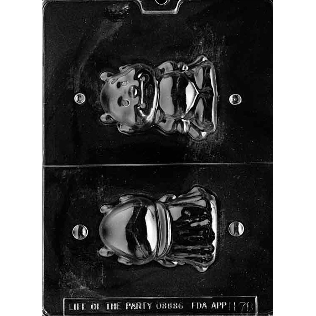 Clear 3D chocolate mold with two cavities forming a little devil character with a smiling face and small horns.