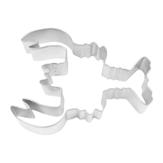 Angled view of the lobster cookie cutter showing its sturdy, wavy-edged design.