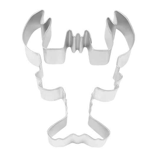 Top-down view of a lobster-shaped cookie cutter with detailed claws, body, and tail.