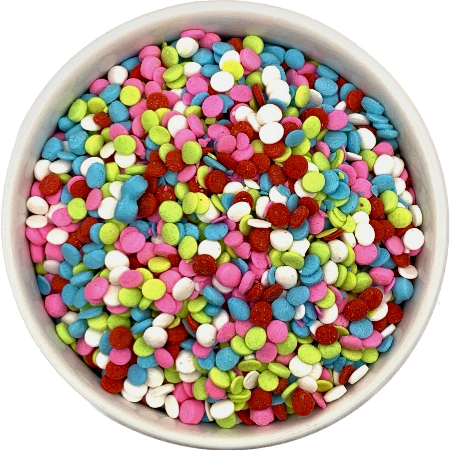 Colorful round mini quin sprinkles in pink, blue, lime green, white, and red, shown in a white bowl.