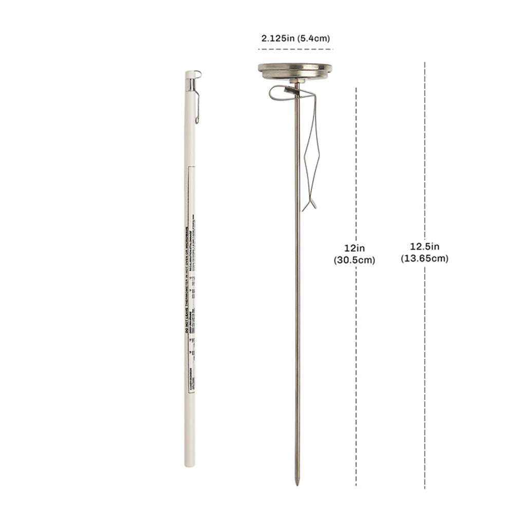 Product diagram showing the long stem thermometer with labeled measurements, including a 12-inch stem length and dial width, on a white background.