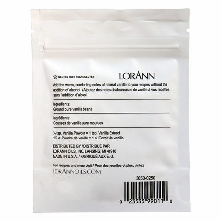 Back of LorAnn Pure Vanilla Powder packet showing ingredients, usage instructions, and product details