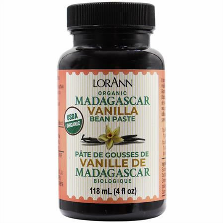LorAnn Organic Madagascar Vanilla Bean Paste bottle (4 fl oz) with black cap and USDA Organic label, shown on a white background.
