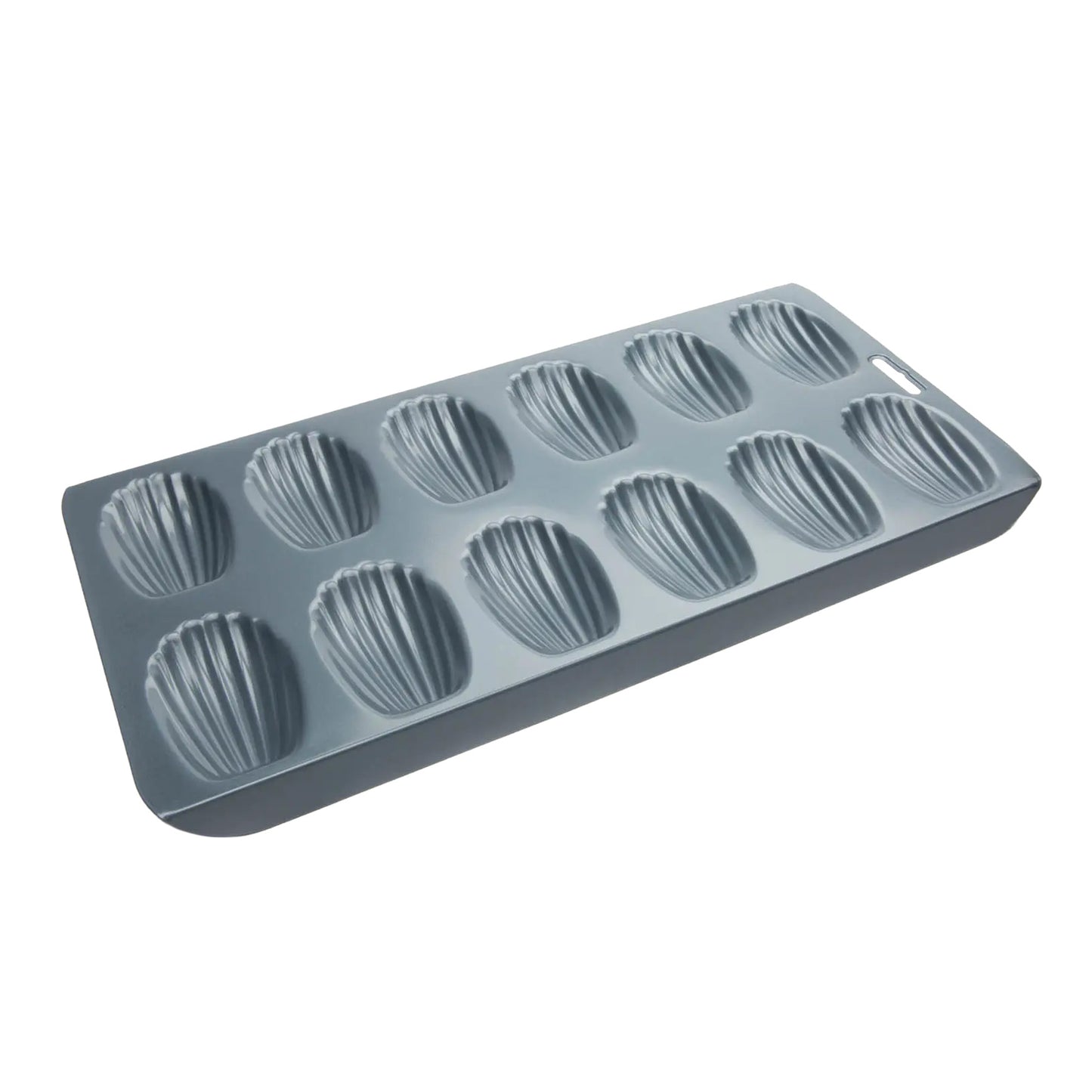 Non-stick 12-cavity madeleine baking pan with shell-shaped molds, shown empty on a white background.