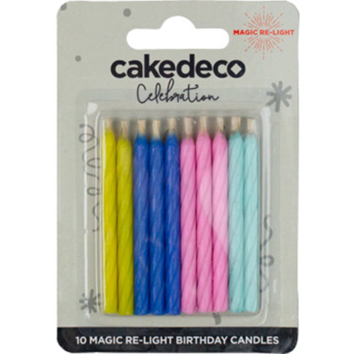 Pack of 10 magic relight birthday candles in pastel colors inside clear plastic packaging, including yellow, blue, pink, and light teal candles with twisted stripes.