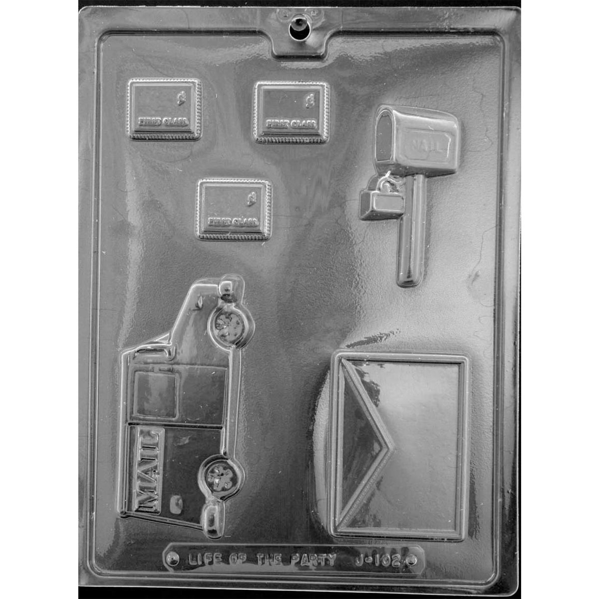 Six-cavity mail assortment chocolate mold with three First Class stamps, one mailbox, one mail delivery truck, and one sealed envelope