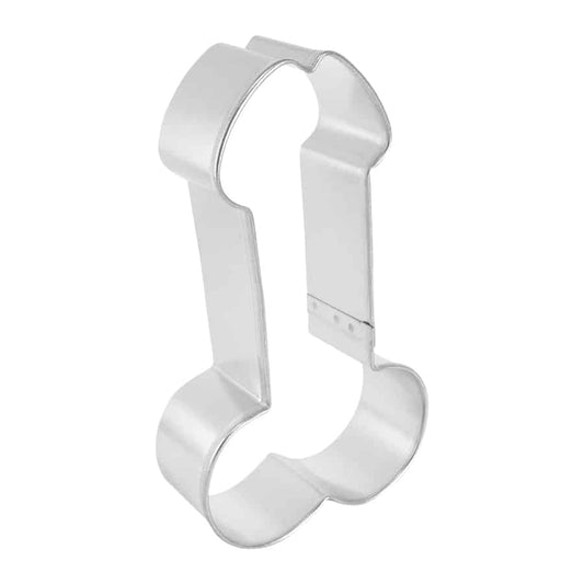 Angled side view of a male anatomy novelty cookie cutter, showing its sturdy metal construction and well-defined shape.