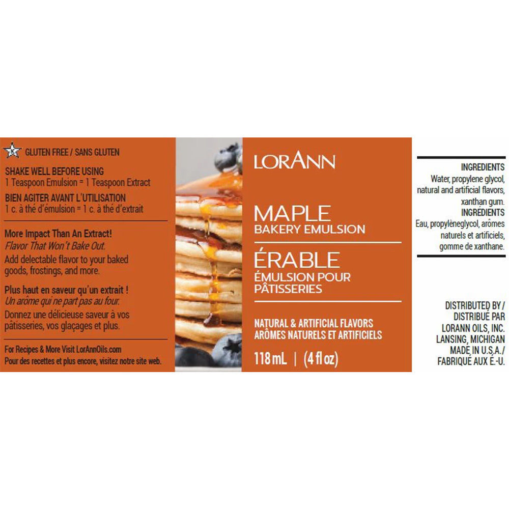 LorAnn Maple Bakery Emulsion label with image of pancakes and syrup, 4 fl oz, gluten-free with natural and artificial flavors.