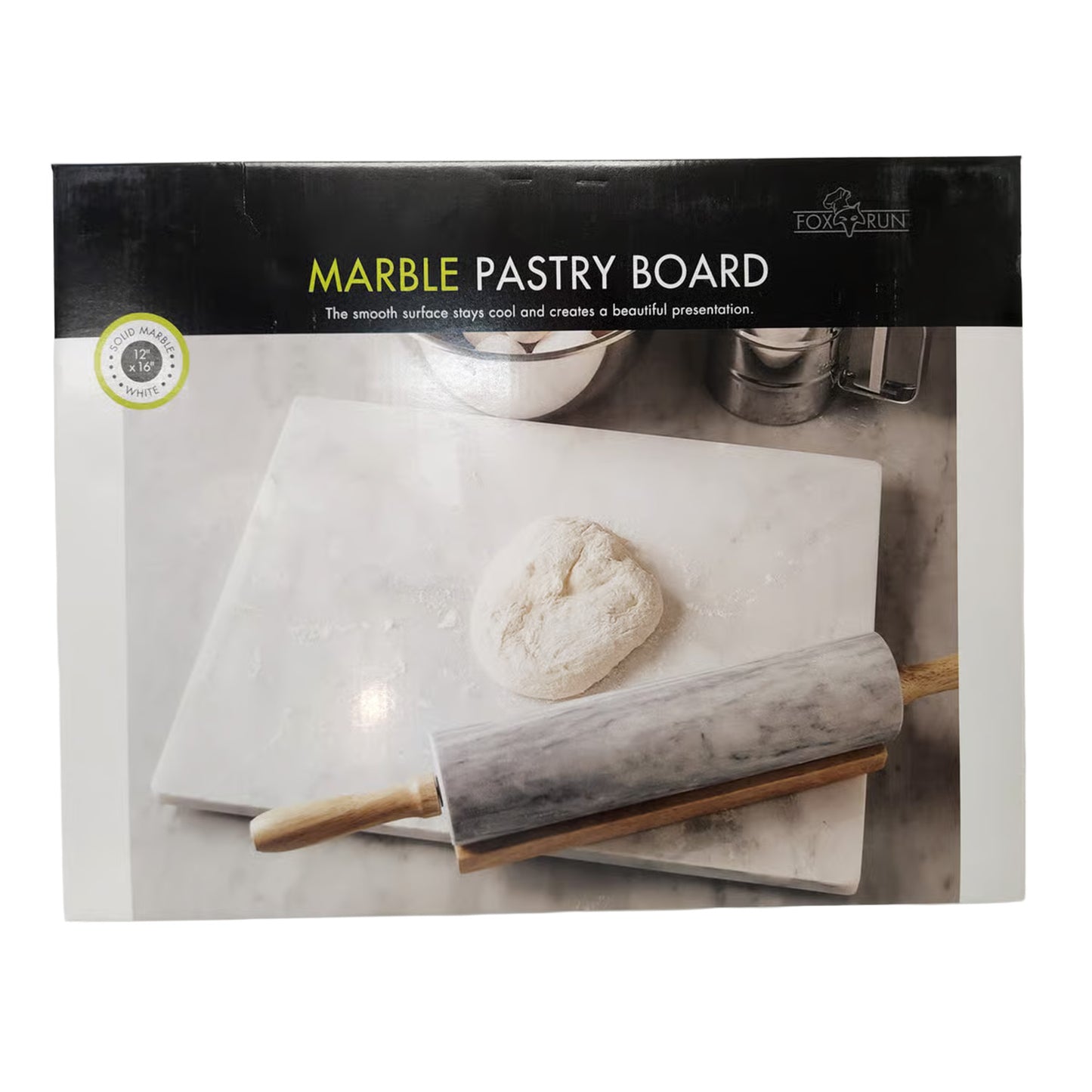 Retail packaging of white marble pastry board by Fox Run, showing product in use with rolling pin and dough.